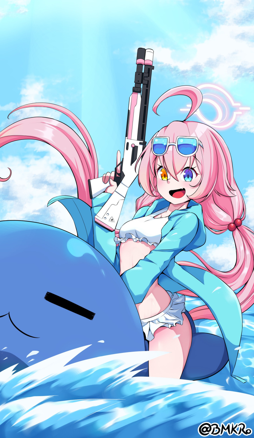 1girl absurdres ahoge beretta_1301 bikini blue_archive blue_jacket blue_sky bmkro cloud eyewear_on_head frilled_bikini frills hair_between_eyes hair_ornament halo heterochromia highres hood hooded_jacket hoshino_(blue_archive) hoshino_(swimsuit)_(blue_archive) inflatable_toy inflatable_whale jacket long_hair long_sleeves looking_at_viewer low_twintails ocean official_alternate_costume official_alternate_hairstyle open_clothes open_jacket outdoors pink_hair sidelocks sky sleeveless smile solo stomach stuffed_whale sunglasses swimsuit tinted_eyewear trigger_discipline twintails white_bikini