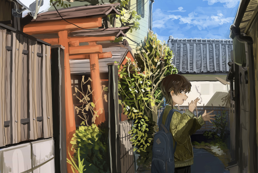 1girl anko1127 backpack bag black_bag blue_sky brown_hair building cloud day flower grass green_sweater highres long_sleeves original outdoors plant profile shadow short_hair sky solo sweater tree upper_body wall white_flower
