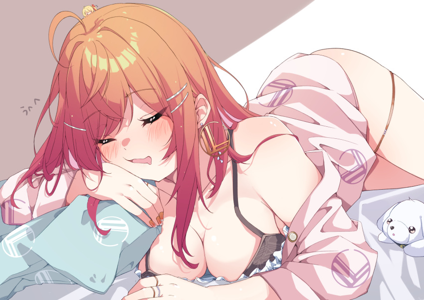 1girl bed_sheet blush bra breasts chibi cleavage cowlick cushion drooling earrings heraraido_re highres hololive hololive_dev_is ichijou_ririka jewelry lying medium_breasts medium_hair mouth_drool multiple_hairpins multiple_rings nail_polish off_shoulder on_stomach open_clothes open_mouth open_shirt orange_hair orange_nails otonose_kanade ring shiny_skin sleeping solo thigh_strap underwear