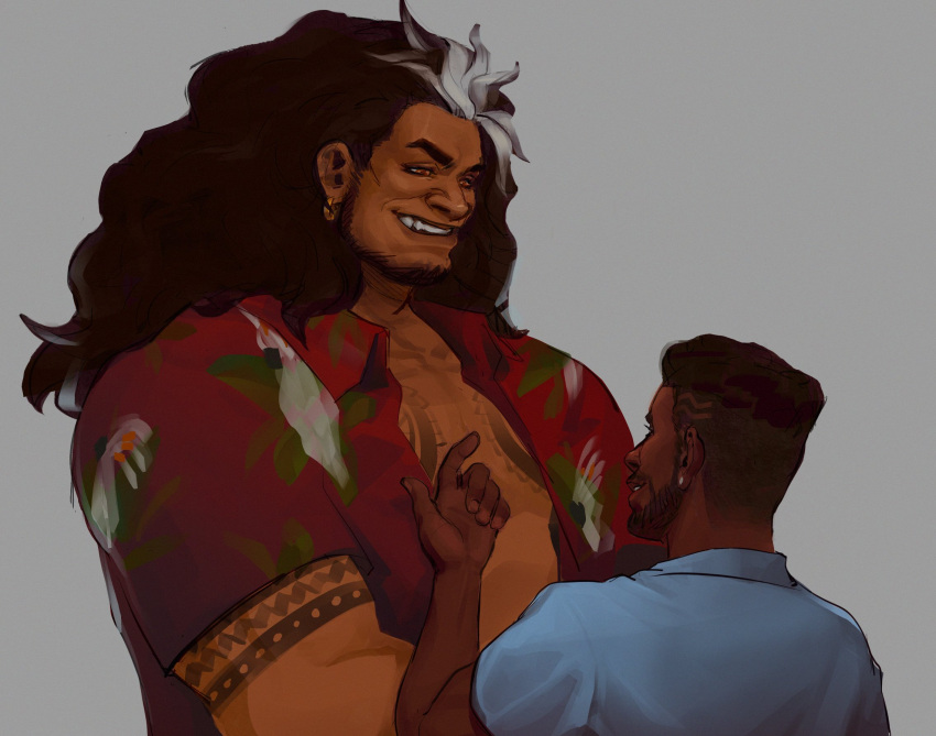 2boys baptiste_(overwatch) bara beckoning black_hair chest_tattoo couple dark-skinned_male dark_skin eye_contact facial_hair full_beard hawaiian_shirt highres index_finger_raised jona-draws looking_at_another male_focus mature_male mauga_(overwatch) multiple_boys muscular muscular_male mustache overwatch overwatch_2 pectoral_cleavage pectorals seductive_smile shirt shoulder_tattoo size_difference smile tattoo thick_eyebrows undercut upper_body yaoi