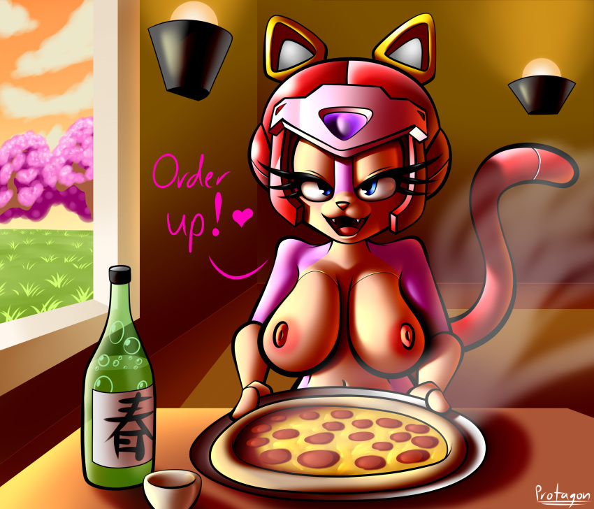 alcohol anthro beverage big_breasts breasts dialogue domestic_cat felid feline felis female food hi_res mammal nipples pizza polly_esther protagon sake samurai_pizza_cats