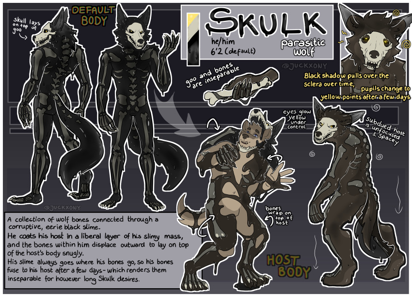 absurd_res anthro bone canid canine hi_res juckxony male mammal model_sheet parasite skull slime solo spines takeover