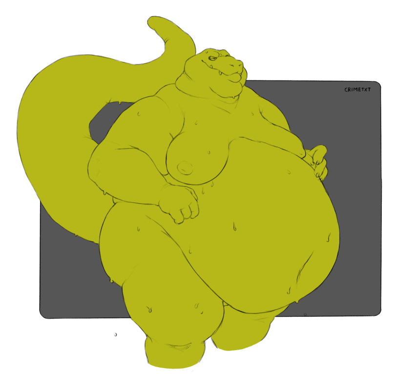 alligator alligatorid anthro belly big_belly bodily_fluids crimetxt crocodilian double_chin green_body hi_res male moobs navel nipples nude obese obese_anthro overweight overweight_anthro overweight_male reptile scalie simple_background smile solo sweat tail teeth thick_tail thick_thighs