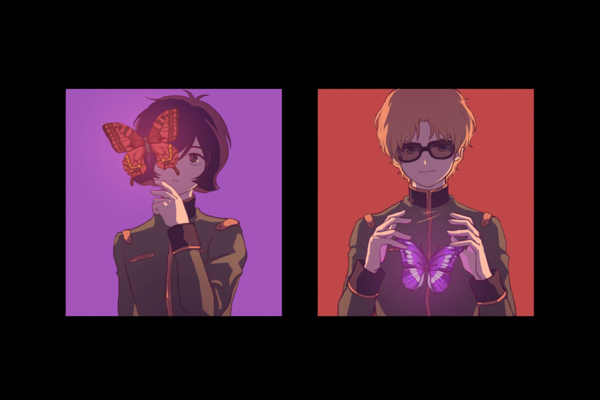 2boys black-framed_eyewear black_border blonde_hair border bug butterfly char_aznable closed_mouth garma_zabi glowing_butterfly green_jacket gundam highres jacket long_sleeves looking_at_viewer male_focus mobile_suit_gundam_the_origin multiple_boys parted_lips purple_background purple_butterfly purple_hair red_background red_butterfly short_hair simple_background sunglasses symbolism tira_zhang upper_body