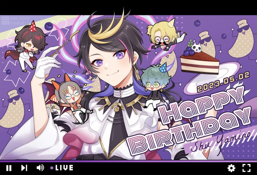 5boys beads black_hair blonde_hair bone cake chibi closed_mouth dated food fork gloves happy_birthday holding holding_fork ike_eveland long_hair looking_at_viewer luca_kaneshiro luxiem multicolored_clothes multicolored_gloves multicolored_hair multiple_boys mysta_rias nightcat nijisanji nijisanji_en pink_hair purple_eyes shirt shu_yamino smile streaked_hair virtual_youtuber vox_akuma white_gloves