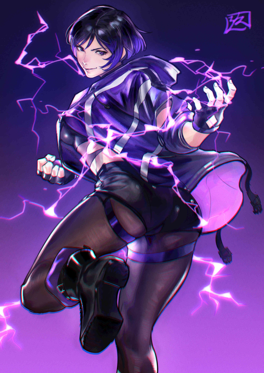 1girl absurdres ass black_footwear colored_tips electricity highres hood hooded_jacket jacket juaag_acgy multicolored_clothes multicolored_hair multicolored_jacket pantyhose purple_eyes purple_hair purple_jacket reina_(tekken) tekken tekken_8 two-tone_jacket