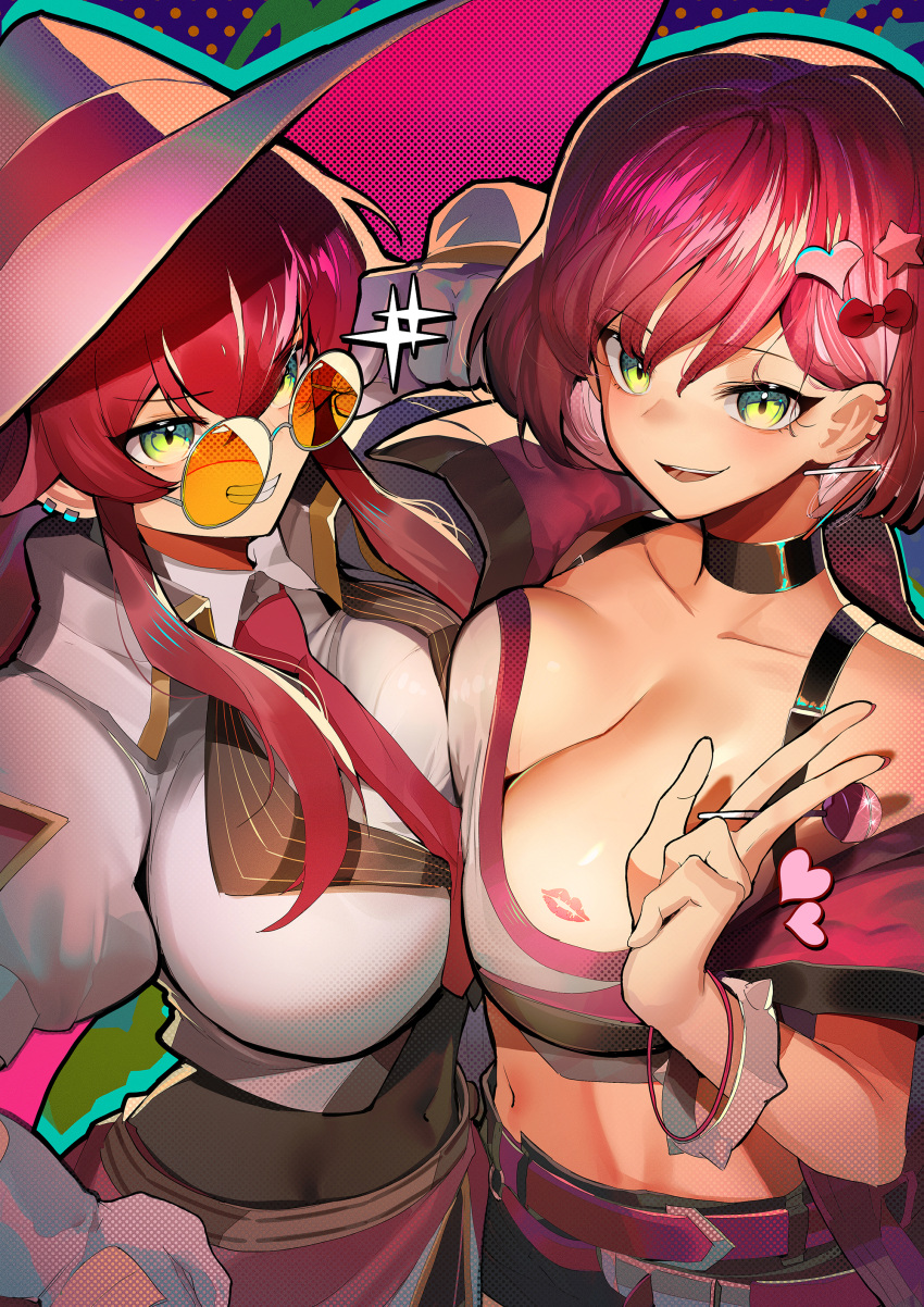 2girls absurdres asymmetrical_docking belt blush bracelet breast_press breasts candy choker cleavage collarbone collared_shirt commission covered_navel duel_monster earrings evil_twin_ki-sikil food green_eyes hair_ornament hairclip hat highres jacket jewelry ki-sikil_(yu-gi-oh!) large_breasts leotard live_twin_ki-sikil lollipop long_sleeves looking_at_viewer midriff multiple_girls navel necktie official_alternate_costume open_mouth pixiv_commission puffy_long_sleeves puffy_sleeves red_hair ro_g_(oowack) selfcest shirt short_hair shorts smug sunglasses tank_top yu-gi-oh!