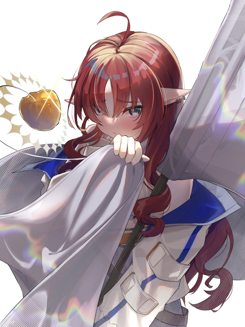 1girl ahoge apple arknights banner bare_shoulders blue_eyes blush closed_mouth earrings eyes_visible_through_hair food fruit golden_apple hair_over_one_eye highres jacket jewelry long_sleeves looking_at_viewer myrtle_(arknights) open_clothes open_jacket parted_bangs pointy_ears shirt simple_background solo upper_body white_background white_jacket white_shirt yukai_nao