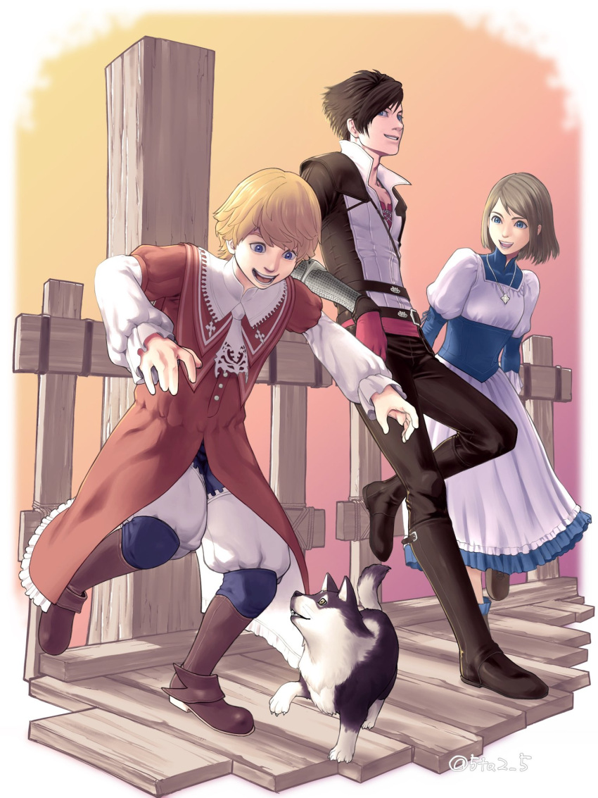 1girl 2boys 5tatsu black_footwear black_hair black_jacket black_pants blonde_hair blue_dress blue_eyes bob_cut boots breasts brothers brown_footwear clive_rosfield coat dog dress fence final_fantasy final_fantasy_xvi full_body gloves grey_hair grin highres jacket jewelry jill_warrick joshua_rosfield juliet_sleeves long_dress long_sleeves multiple_boys necklace open_mouth outdoors pants puffy_long_sleeves puffy_sleeves puppy red_coat red_gloves shirt short_hair siblings small_breasts smile swept_bangs torgal_(ff16) twitter_username two-tone_dress wavy_hair white_dress white_pants white_shirt wooden_fence
