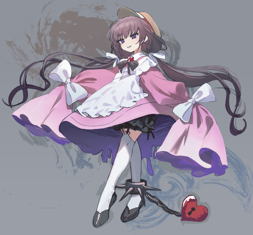 1girl abstract_background apron ball_and_chain_restraint black_bloomers black_bow black_bowtie bow bowtie brooch brown_hair brown_headwear collared_dress commentary_request crossed_legs dress dress_bow flats frilled_apron frills full_body garter_straps grey_background hair_ribbon half-closed_eyes hat heart_brooch heel_up highres jewelry light_blush long_hair looking_at_viewer low_twintails outstretched_arms pink_dress purple_eyes ribbon sharp_teeth sleeves_past_fingers sleeves_past_wrists solo spread_arms swirl teeth thighhighs tsukuyomi_ai twintails very_long_hair very_long_sleeves voiceroid white_apron white_bow white_ribbon white_thighhighs wide_sleeves yoshino_ns