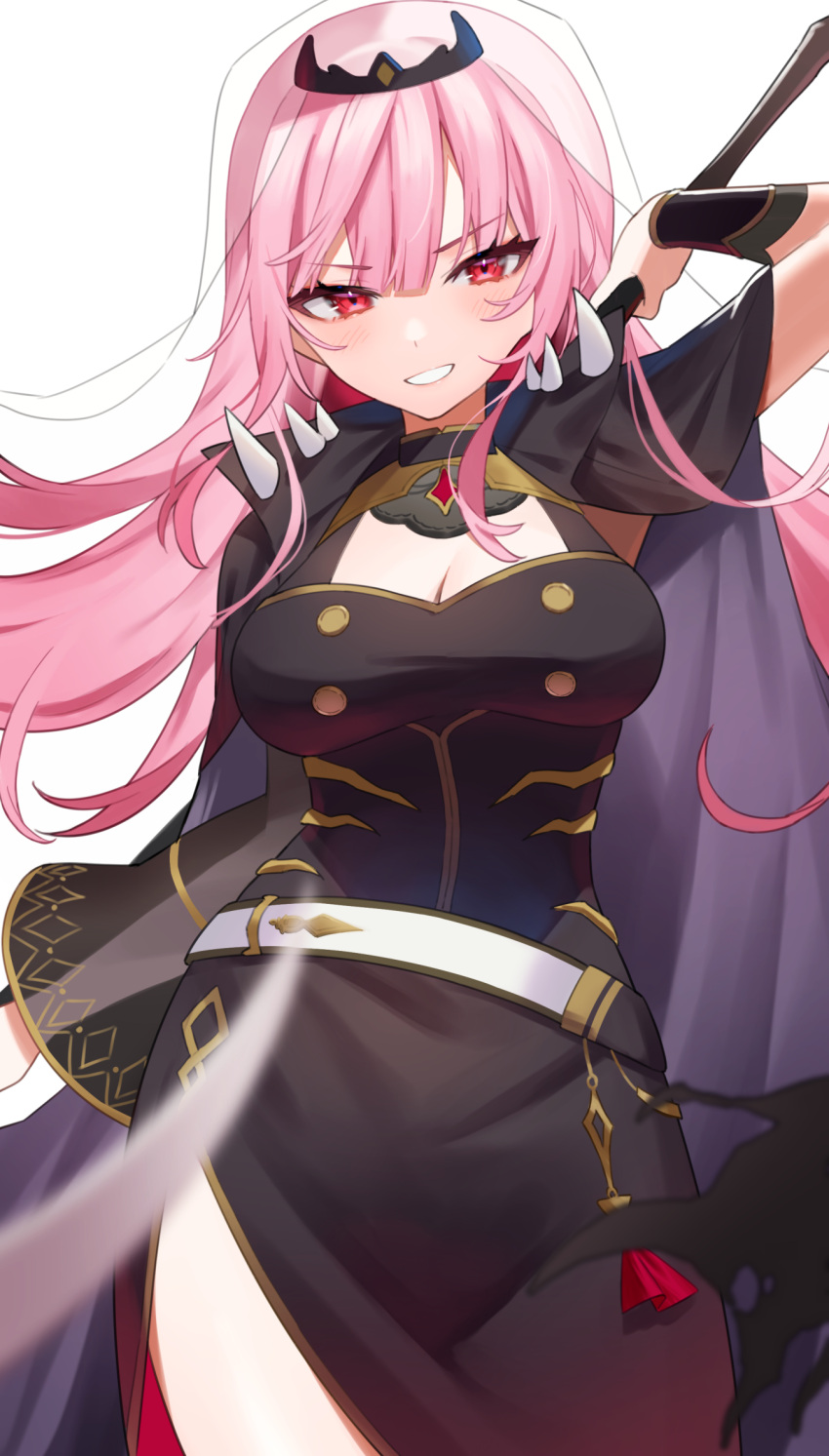 1girl belt black_cape black_dress blunt_bangs bracer breasts cape cleavage dress english_commentary gold_trim gukurosawa01 highres holding holding_scythe hololive hololive_english large_breasts light_blush long_dress long_hair looking_at_viewer mori_calliope pink_hair red_eyes scythe shoulder_spikes side_slit sleeveless sleeveless_dress smile solo spikes straight_hair tiara torn_cape torn_clothes veil virtual_youtuber white_background white_belt