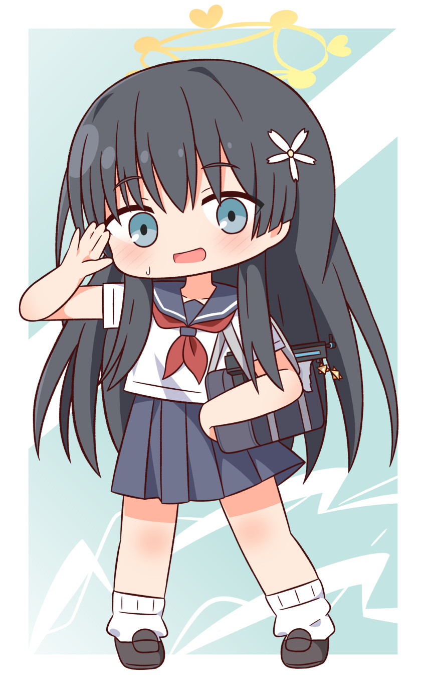 1girl absurdres bag black_footwear black_hair blue_eyes blue_sailor_collar blue_skirt blush chibi flower full_body hair_between_eyes hair_flower hair_ornament hana_kazari hand_up highres loafers long_hair looking_at_viewer loose_socks neckerchief open_mouth pleated_skirt red_neckerchief sailor_collar sakugawa_school_uniform saten_ruiko school_bag school_uniform serafuku shirt shoes short_sleeves skirt socks solo standing summer_uniform sweat toaru_kagaku_no_railgun toaru_majutsu_no_index very_long_hair white_flower white_shirt white_socks wide-eyed