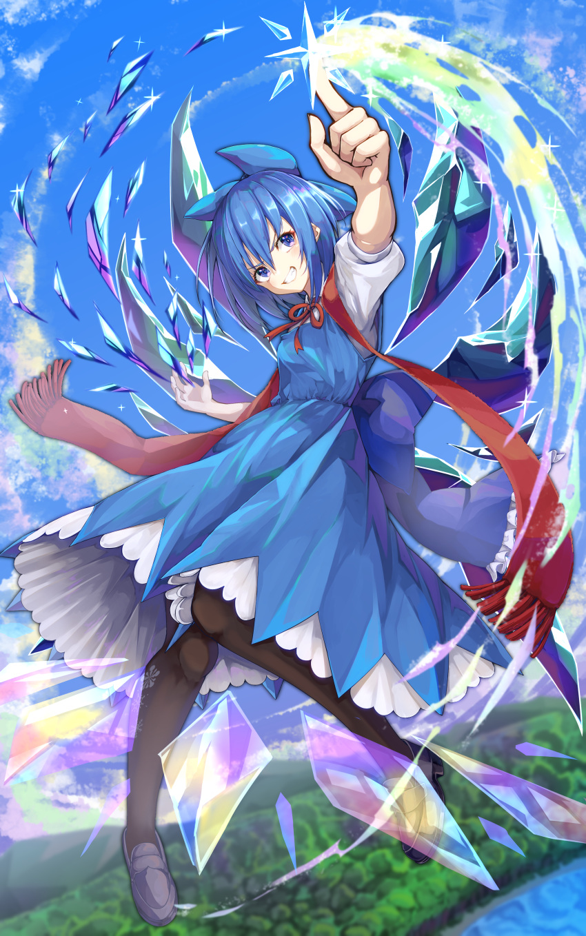 1girl absurdres black_pantyhose blue_bow blue_dress blue_eyes blue_hair blue_sky bow breasts cirno day dress ekusera foreshortening forest full_body grey_footwear hair_between_eyes hair_bow head_tilt highres ice ice_wings looking_at_viewer medium_hair nature neck_ribbon open_mouth outdoors pantyhose pinafore_dress pointing puffy_short_sleeves puffy_sleeves red_ribbon red_scarf ribbon scarf shirt shoes short_sleeves sky sleeveless sleeveless_dress small_breasts smile solo teeth touhou tree v-shaped_eyebrows water white_shirt wings