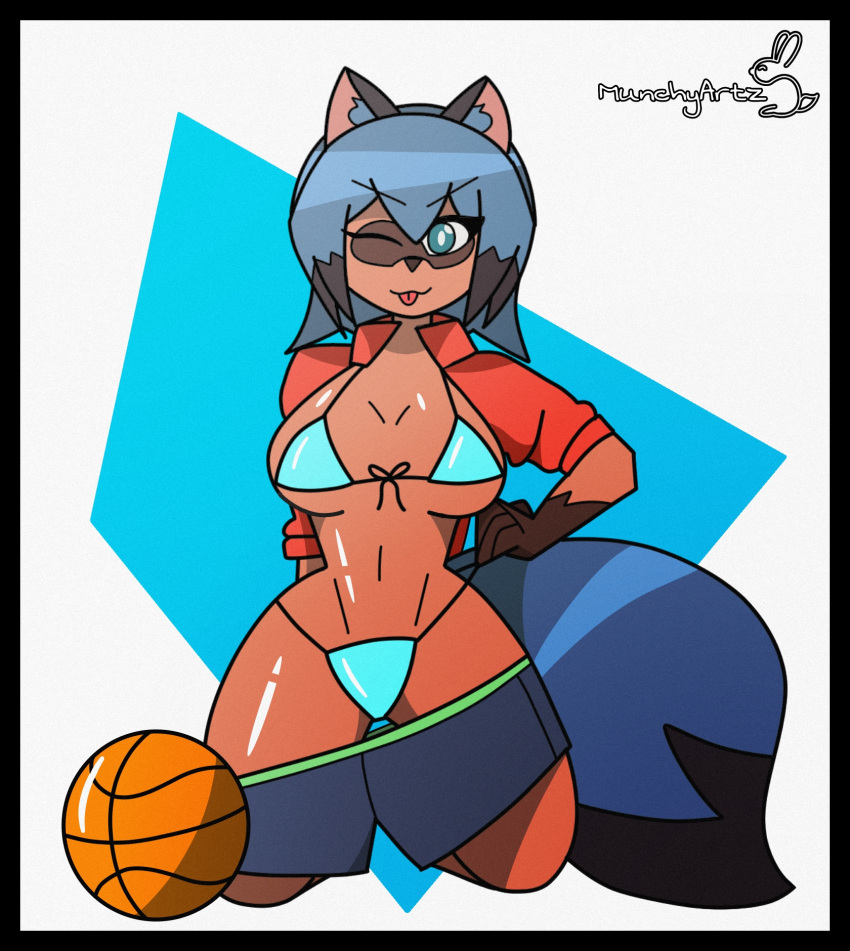 anthro ball basketball_(ball) bikini black_body black_fur blue_body blue_fur brand_new_animal breasts brown_body brown_fur canid canine clothed clothing female fur hi_res humanoid mammal munchyartz one_eye_closed partially_clothed raccoon_dog simple_background small_breasts solo studio_trigger swimwear tail tanuki wide_hips wink