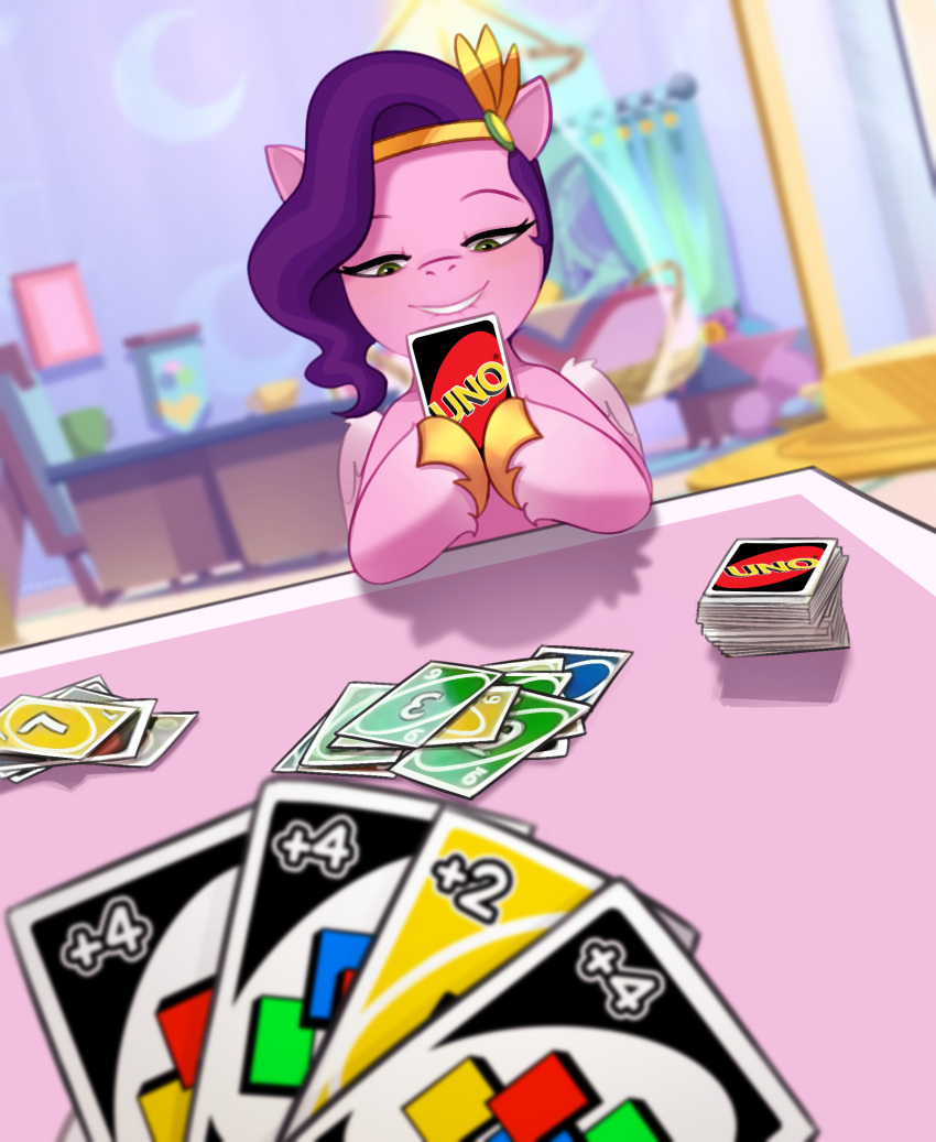 absurd_res card crown equid equine female first_person_view fur hair hasbro headgear hi_res mammal marenlicious mlp_g5 my_little_pony pegasus pink_body pink_fur pipp_petals_(mlp) purple_hair smile tiara uno wings