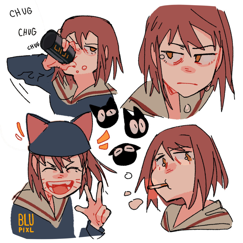 animal_ears blupixl can cat cat_ears chinese_text cigarette closed_eyes coffe_can drinking flcl highres open_mouth samejima_mamimi school_uniform short_hair simplified_chinese_text tagme takkun_(flcl) v variations white_background