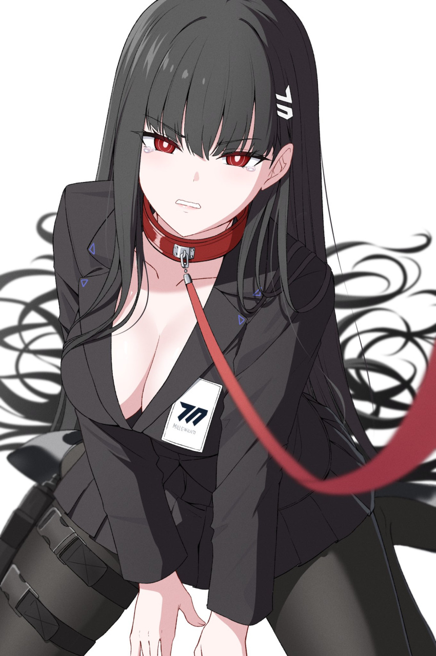 1girl angry animal_collar between_legs black_hair black_pantyhose black_suit blue_archive breasts cleavage clenched_hands collar formal from_above hair_ornament hairclip hand_between_legs highres holster holstered id_card leash long_hair looking_at_viewer miniskirt pantyhose pleated_skirt pov red_eyes reia_76 rio_(blue_archive) sitting skirt suit thigh_holster thigh_pouch thighs turtleneck wariza white_background