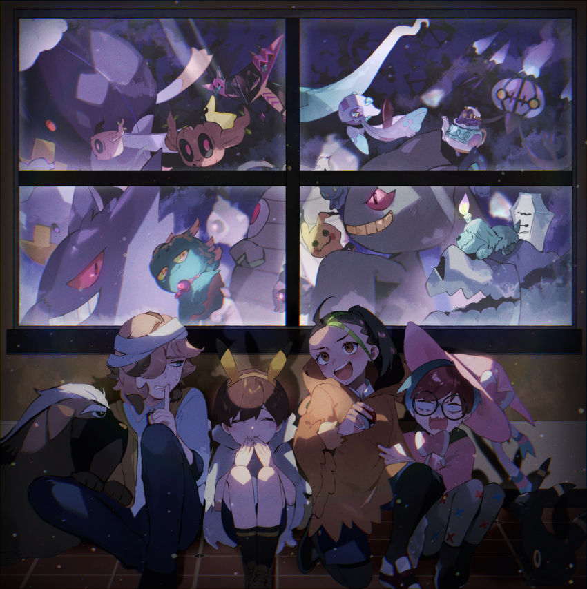 2boys 2girls :d arven_(pokemon) bandaged_head bandages banette black-framed_eyewear black_socks brown_hair chandelure closed_eyes closed_mouth commentary_request dragapult drifblim drifloon dusclops duskull finger_to_mouth florian_(pokemon) froslass gengar glasses greavard hairband halloween hat hiding highres holding holding_poke_ball houndstone kouta_(pixiv14981568) mabosstiff mimikyu misdreavus multicolored_hair multiple_boys multiple_girls nemona_(pokemon) open_mouth penny_(pokemon) phantump pink_headwear poke_ball poke_ball_(basic) pokemon pokemon_(creature) pokemon_(game) pokemon_sv polteageist ponytail round_eyewear scared short_hair shuppet shushing sitting smile socks two-tone_hair window witch_hat