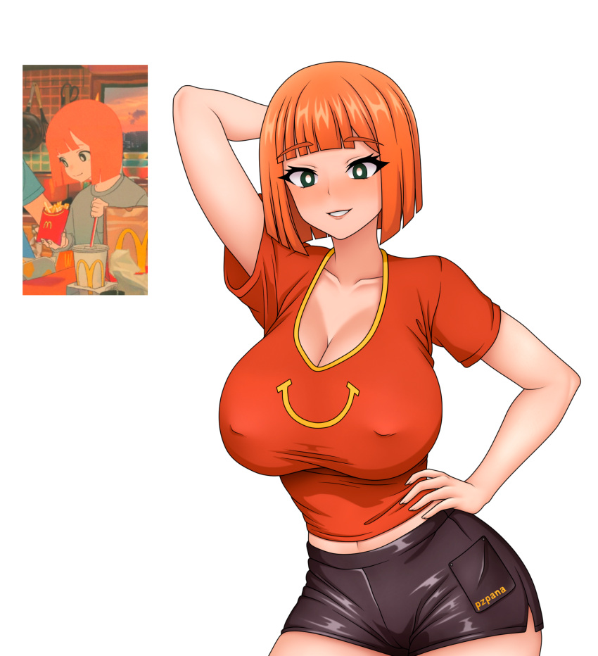 1girl absurdres alternate_breast_size arm_behind_head black_shorts blunt_bangs bob_cut breasts bright_pupils cleavage collarbone covered_nipples english_commentary hand_on_own_hip highres huge_breasts looking_at_viewer mature_female mcdonald's midriff_peek mother_(yoru_mac) orange_hair parted_lips pzpana red_shirt reference_inset shirt short_hair short_shorts short_sleeves shorts smile solo white_background yoru_mac