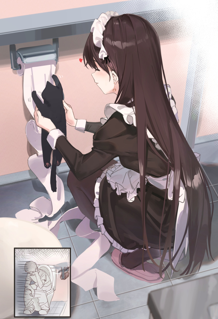 1boy 1girl 7gao animal apron black_dress black_pantyhose brown_hair cat closed_eyes closed_mouth commentary_request dress earrings frilled_apron frilled_dress frills heart highres holding holding_animal holding_cat jewelry long_hair long_sleeves maid maid_apron maid_headdress original pantyhose slippers squatting tiptoes toilet_paper toilet_paper_tube toilet_use very_long_hair white_apron