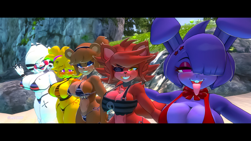 animatronic anthro beach bikini bonfie_(cryptiacurves) chica_(cally3d) clothing female female/female fexa_(cally3d) five_nights_at_freddy's frenni_fazclaire group hi_res machhk1 machine marie_(cally3d) robot scottgames seaside swimwear