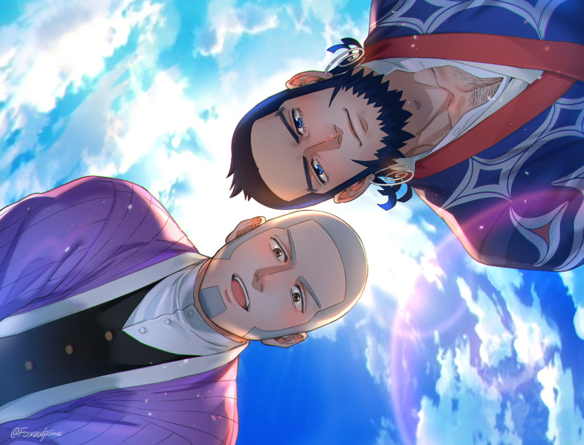 2boys beard black_hair blue_eyes blue_sky buttons cloud cloudy_sky collarbone earrings facial_hair foxvulpine from_above golden_kamuy grey_hair hairy japanese_clothes jewelry kimono kiroranke looking_at_viewer male_focus multiple_boys open_mouth patterned_clothing shiraishi_yoshitake sideburns sky smile sparkling_eyes spiral teeth tongue twitter_username yellow_eyes