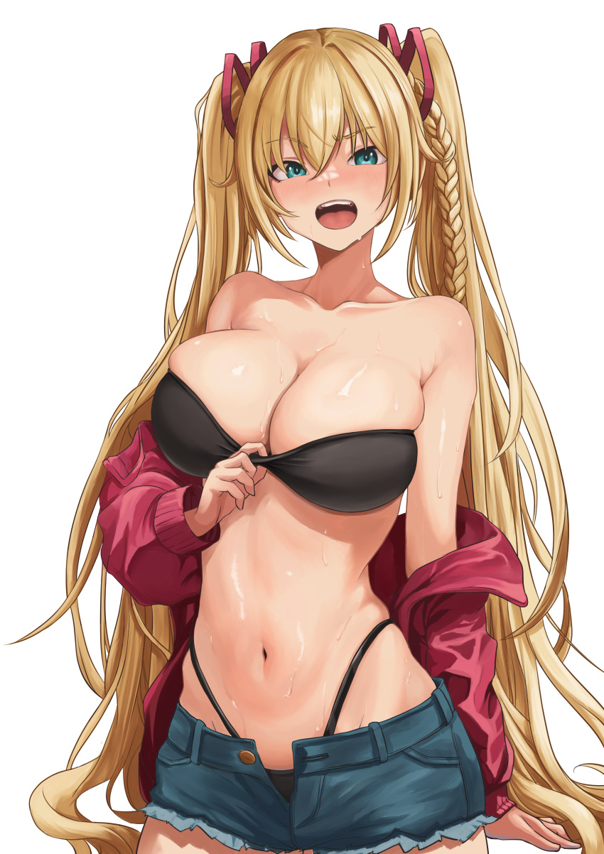 .live 1girl absurdres aqua_eyes arm_at_side bandeau bare_shoulders bikini bikini_pull bikini_under_clothes black_bikini blonde_hair blue_shorts blush braid breasts cleavage clothes_pull collarbone cowboy_shot denim denim_shorts hair_between_eyes hair_ribbon hand_up highres jacket jacket_partially_removed kongou_iroha large_breasts long_hair looking_at_viewer momotari_(momotari999) multi-strapped_bikini navel off_shoulder open_clothes open_mouth open_shirt pulled_by_self red_jacket red_ribbon ribbon short_shorts shorts simple_background single_braid skindentation solo stomach strapless strapless_bikini sweat swimsuit teeth tongue unbuttoned upper_teeth_only very_long_hair virtual_youtuber white_background