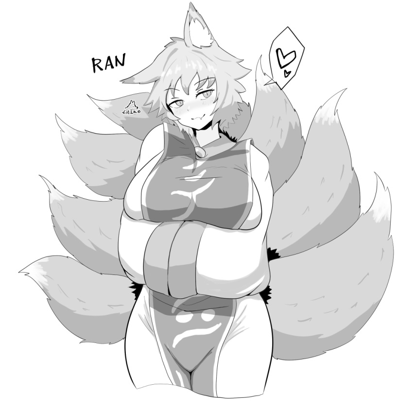 1girl animal_ear_fluff animal_ears arms_under_breasts breasts character_name closed_mouth commentary_request cowboy_shot cropped_legs dress fang fang_out fox_ears fox_tail greyscale hands_in_opposite_sleeves heart huge_breasts long_sleeves monochrome multiple_tails no_headwear short_hair signature simple_background skin_fang slit_pupils smile solo spoken_heart tabard tail touhou warosufox white_background yakumo_ran