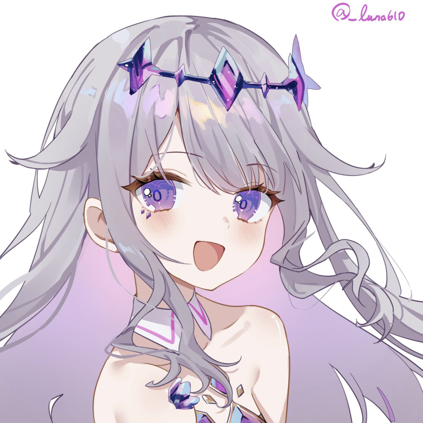 bare_shoulders blush chest_jewel collar collarbone colored_inner_hair commentary detached_collar grey_hair hair_flaps headpiece highres hololive hololive_english jewel_under_eye koseki_bijou long_hair looking_at_viewer luna_(luna610) multicolored_hair open_mouth purple_eyes purple_hair sidelocks simple_background smile twitter_username two-tone_hair upper_body virtual_youtuber wavy_hair white_background white_collar