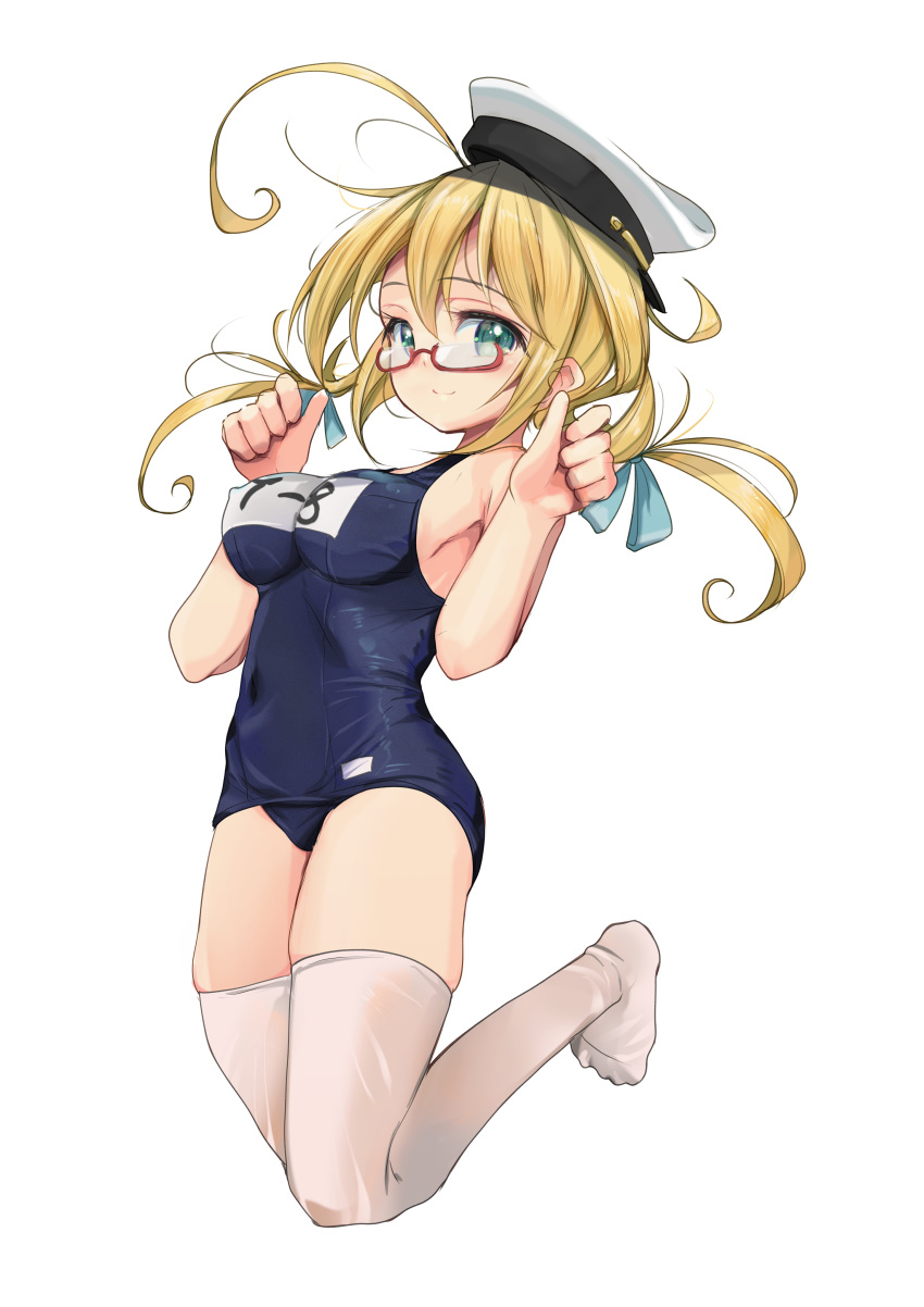 1girl absurdres ahoge blonde_hair blue_eyes blush breasts glasses hair_ribbon hat highres i-8_(kancolle) kantai_collection low_twintails medium_breasts name_tag no_shoes one-piece_swimsuit peaked_cap red-framed_eyewear ribbon sailor_hat school_swimsuit semi-rimless_eyewear short_hair smile solo swimsuit thighhighs tri_tails twintails under-rim_eyewear white_thighhighs yashin_(yasinz)