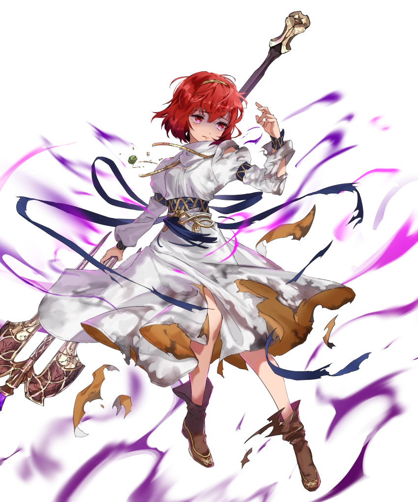 1girl ankle_boots aura boots dark_aura detached_sleeves dress fire_emblem fire_emblem:_mystery_of_the_emblem fire_emblem_heroes full_body hairband highres holding jewelry long_sleeves looking_away maria_(fire_emblem) mayo_(becky2006) necklace non-web_source official_art red_eyes red_hair short_hair solo staff torn_clothes torn_dress transparent_background white_dress