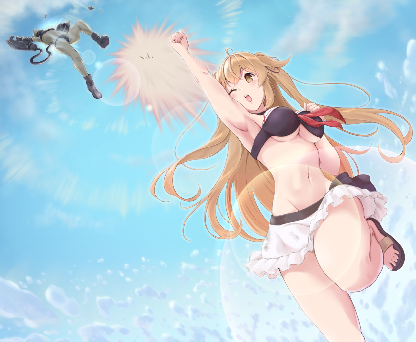2girls adapted_costume bikini black_bikini blue_sky breasts brown_eyes cloud commentary_request commission crout5000 day feet_out_of_frame from_behind groin highres kantai_collection light_brown_hair long_hair medium_breasts multiple_girls murasame_(kancolle) murasame_kai_ni_(kancolle) navel official_alternate_costume one_eye_closed outdoors ri-class_heavy_cruiser sandals skirt sky solo_focus swimsuit two_side_up uppercut water white_skirt