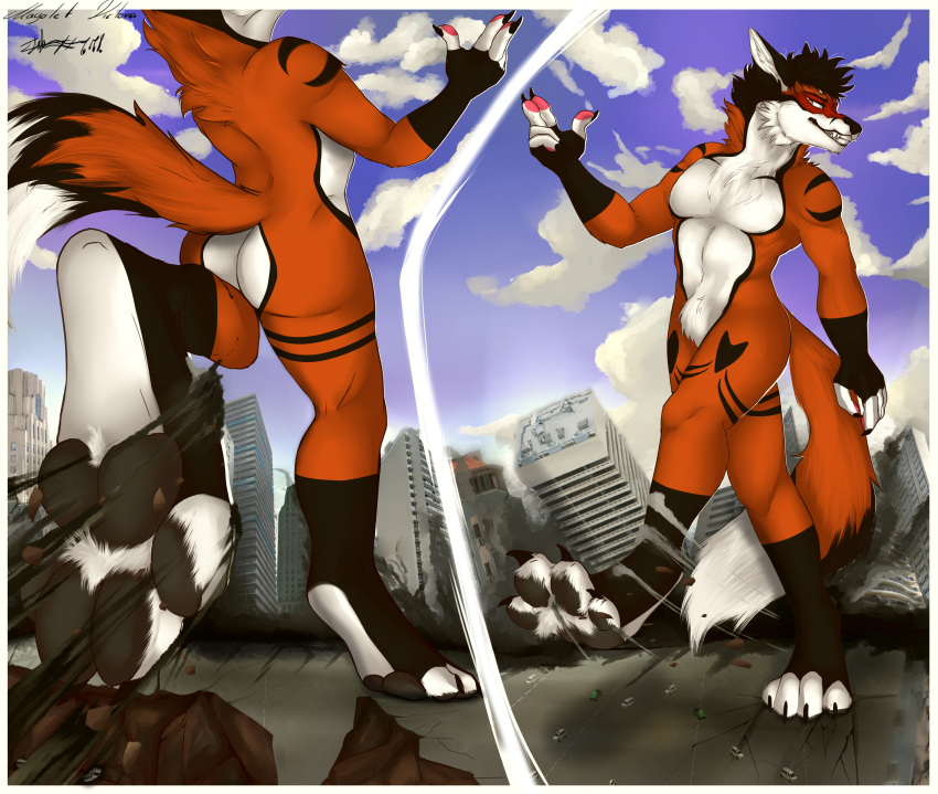4_toes 5_toes absurd_res adry_victoria_(artist) anthro barefoot big_feet black_claws black_ears black_hair black_nose building building_destruction butt canid canine car city city_background city_crushing city_destruction claws cloud cracks crush destruction detailed_background evil_grin extreme_size_difference feet foot_crush fox fur fur_markings grey_pawpads hair hi_res larger_anthro larger_male macro male mammal markings multicolored_body multicolored_fur pawpads paws raised_foot raised_leg rampage red_body red_fox red_fur red_tail redrick_(erickredfox) road shadow showing_teeth size_difference size_play smile smiling_at_each_other solo stomping tail teeth toes trampling two_panel_image two_tone_body two_tone_fur vehicle walking white_body white_fur