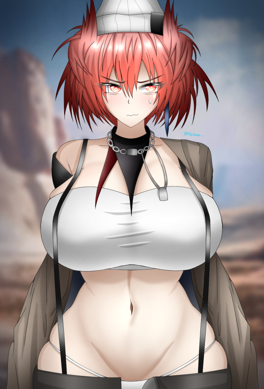 1girl arknights bandana bandeau breasts faihara fiammetta_(arknights) groin highres huge_breasts looking_at_viewer midriff navel official_alternate_costume outdoors panties pointy_hair red_eyes red_hair short_hair single_bare_shoulder solo stomach strapless suspenders tube_top underwear upper_body wavy_mouth white_headwear white_panties