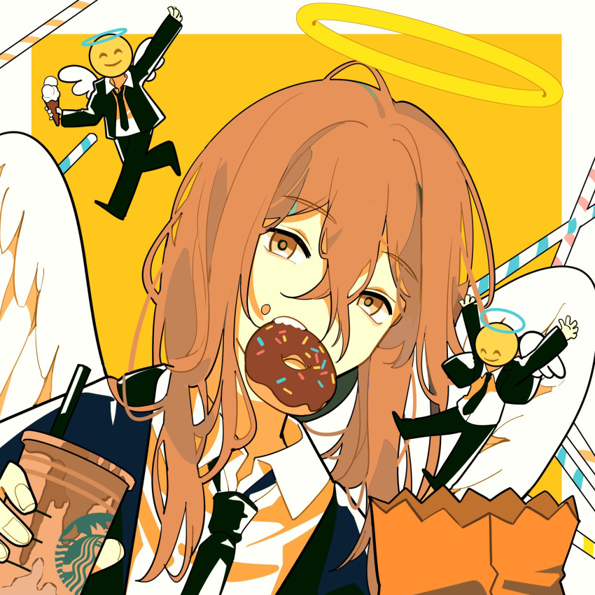 1boy 2others angel angel_devil_(chainsaw_man) angel_wings black_jacket black_necktie brown_hair chainsaw_man chocolate_doughnut collared_shirt doughnut drinking_straw emoji food food_in_mouth hair_between_eyes halo highres holding holding_food holding_ice_cream ice_cream jacket looking_at_viewer medium_hair mini_person miniboy multiple_others necktie null024 shirt starbucks suit suit_jacket white_shirt wings