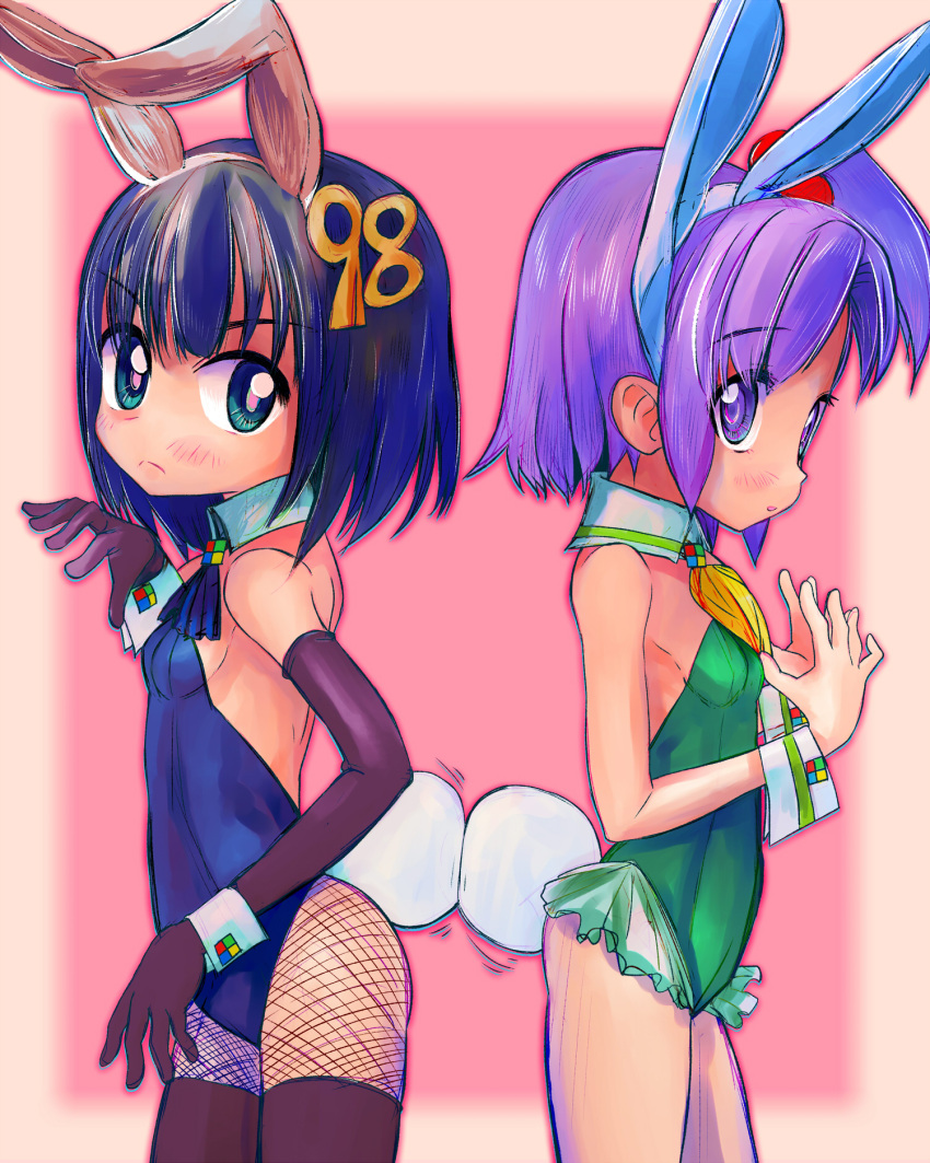 2girls 98-tan 98se-tan animal_ears ascot back-to-back blue_ascot blue_eyes blue_hair blue_hairband blue_leotard breasts dark_blue_hair detached_collar elbow_gloves fake_animal_ears fishnet_pantyhose fishnets frown gloves green_leotard hair_bobbles hair_ornament hairband hand_up hands_up highres legs_together leotard light_purple_hair microsoft_windows multiple_girls number_hair_ornament one_side_up open_mouth os-tan pantyhose pink_pupils playboy_bunny purple_eyes purple_gloves purple_pupils purple_thighhighs rabbit_ears rabbit_tail short_hair small_breasts split_mouth standing strapless strapless_leotard tail thighhighs thighs tsukiyono_aroe white_hairband white_wrist_cuffs wrist_cuffs yellow_ascot