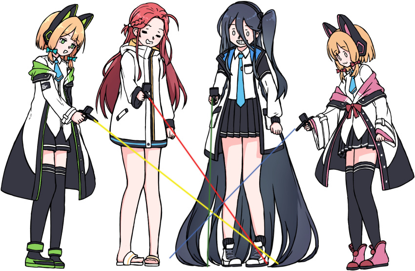 4girls :3 :d =_= animal_ear_headphones animal_ears aris_(blue_archive) barefoot_sandals black_hair black_hairband black_skirt black_thighhighs blonde_hair blue_archive blue_bow blue_eyes blue_necktie bow cat_ear_headphones commentary deep_rock_galactic english_commentary fake_animal_ears forehead full_body game_development_department_(blue_archive) gameplay_mechanics green_eyes green_footwear hair_between_eyes hair_bow hairband headphones heads-up_display highres holding holding_weapon jacket jitome laser long_hair long_sleeves looking_at_another looking_down low_tied_sidelocks midori_(blue_archive) momoi_(blue_archive) multiple_girls necktie o_o open_clothes open_jacket pink_bow pink_footwear pleated_skirt red_hair ringed_eyes sandals shoes siblings sisters skirt sleeves_past_fingers sleeves_past_wrists smile smug sneakers standing template thighhighs very_long_hair weapon white_footwear xandier59 yuzu_(blue_archive)