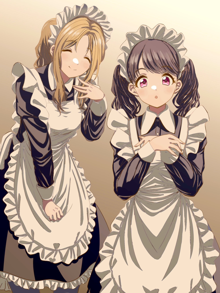 2girls apron black_dress black_hair brown_hair closed_eyes dress frilled_apron frills fukumaru_koito highres ichikawa_hinana idolmaster idolmaster_shiny_colors isoginn_chuck long_hair long_sleeves looking_at_viewer maid maid_apron maid_headdress multiple_girls ponytail purple_eyes smile twintails white_apron