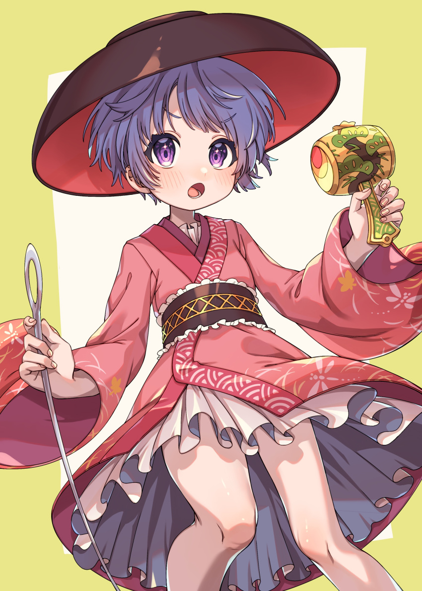 1girl :o absurdres bare_legs blush bowl bowl_hat e_sdss feet_out_of_frame fingernails flat_chest frills hat highres holding holding_mallet holding_needle japanese_clothes kimono looking_at_viewer lower_teeth_only mallet miracle_mallet needle open_mouth petite pink_kimono purple_eyes purple_hair simple_background solo sukuna_shinmyoumaru teeth touhou v-shaped_eyebrows white_background