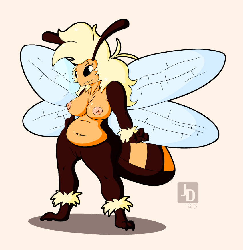animal_humanoid anthro arthropod arthropod_abdomen arthropod_humanoid bee bee_humanoid big_breasts big_hair breasts cel_shading female genitals hair hand_on_hip hi_res humanoid hymenopteran hymenopteran_humanoid insect insect_humanoid insect_wings jared_dillon nipples pussy shaded simple_background slightly_chubby solo wide_hips wings