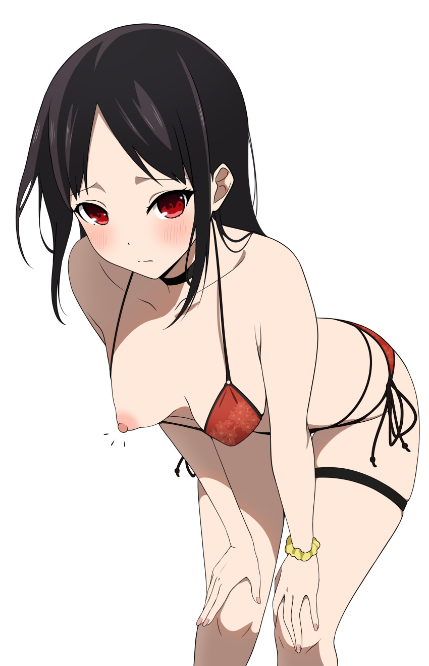 1girl absurdres bare_shoulders bent_over bikini black_hair blush breasts closed_mouth collarbone coro_fae hair_down highres kaguya-sama_wa_kokurasetai_~tensai-tachi_no_renai_zunousen~ looking_at_viewer medium_breasts nipple_slip nipples parted_bangs red_eyes scrunchie shinomiya_kaguya side-tie_bikini_bottom solo swimsuit thigh_strap thighs wrist_scrunchie