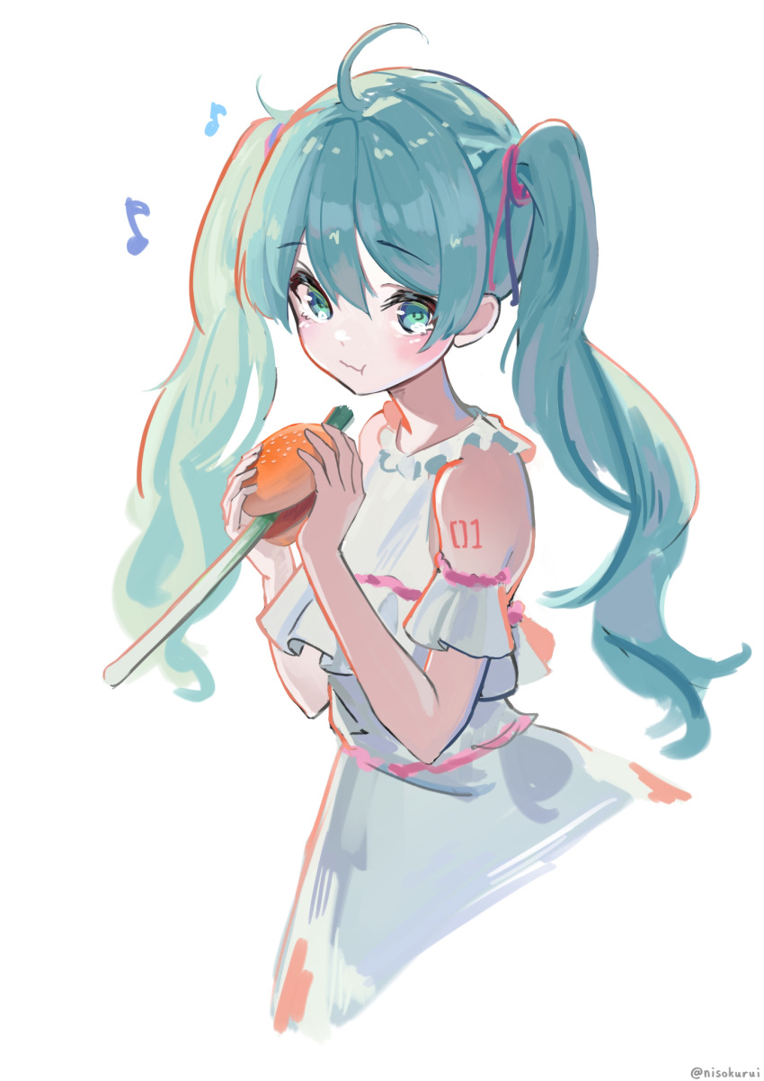 1girl ahoge aqua_eyes aqua_hair bare_shoulders burger chinese_commentary commentary cropped_torso dress eating eighth_note food full_mouth hair_ribbon hatsune_miku highres holding holding_food light_blush looking_at_viewer mixed-language_commentary musical_note nisokurui pink_ribbon ribbon shoulder_tattoo simple_background sleeveless sleeveless_dress solo spring_onion tattoo twintails vocaloid white_background white_dress