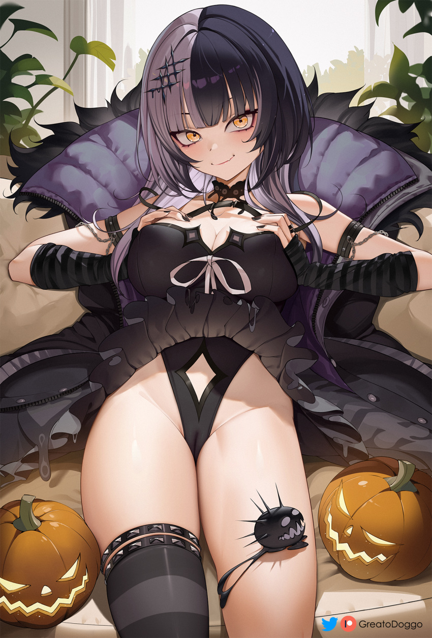 1girl artist_name black_choker black_hair black_jacket black_leotard black_nails breasts cameltoe choker closed_mouth fang greatodoggo grey_hair hair_ornament highres hololive hololive_english jack-o'-lantern jacket large_breasts leotard long_hair multicolored_hair open_clothes open_jacket pumpkin shiori_novella single_thighhigh solo split-color_hair thighhighs thighs two-tone_hair virtual_youtuber yellow_eyes yorick_(shiori_novella)