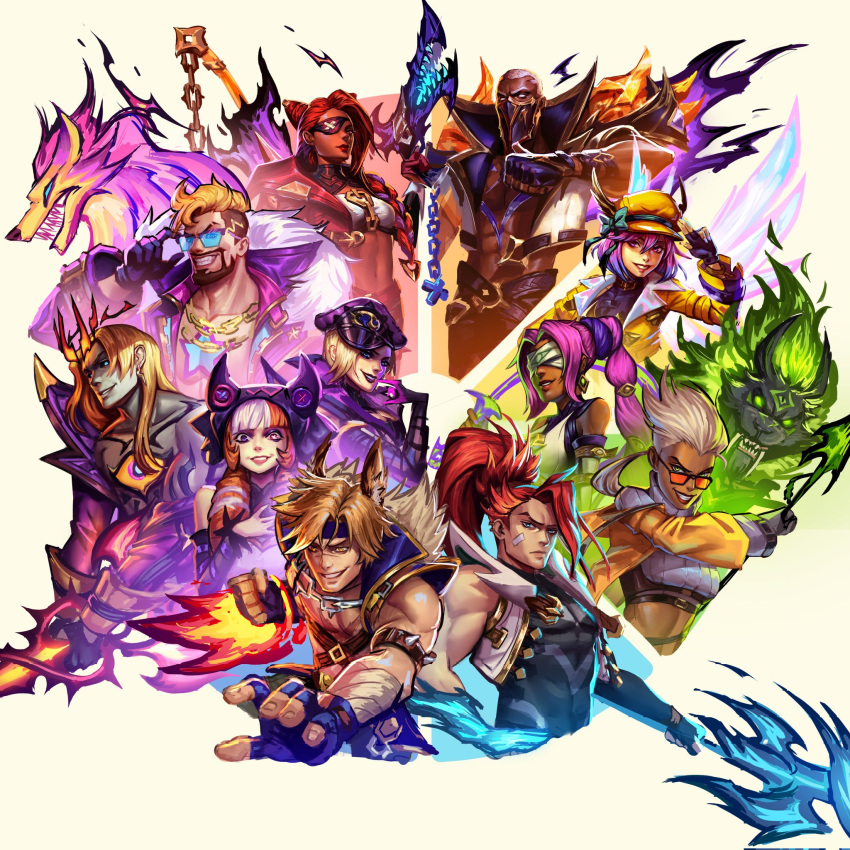 5boys 6+girls animal bare_shoulders beard black_gloves black_headwear blindfold blonde_hair brown_hair clenched_hand collarbone color_wheel_challenge cone_hair_bun cropped_jacket crown dark-skinned_female dark-skinned_male dark_skin draven drill_hair evelynn_(league_of_legends) facial_hair fake_horns fingerless_gloves fire fur-trimmed_jacket fur_trim gloves glowing glowing_eyes grey_hair grin gun gwen_(league_of_legends) hair_bun hand_up highres holding holding_gun holding_polearm holding_weapon horns ilyas_bolatov jacket league_of_legends long_hair lux_(league_of_legends) mask mouth_mask multicolored_hair multiple_boys multiple_girls naafiri nidalee nilah_(league_of_legends) official_alternate_costume open_clothes open_jacket pink_hair pink_jacket polearm ponytail pyke_(league_of_legends) red_hair samira sett_(league_of_legends) sharp_teeth short_hair smile soul_fighter_draven soul_fighter_evelynn soul_fighter_gwen soul_fighter_lux soul_fighter_naafiri soul_fighter_nidalee soul_fighter_nilah soul_fighter_pyke soul_fighter_samira soul_fighter_sett soul_fighter_viego soul_fighter_xin_zhao sunglasses teeth third_eye_on_chest twin_drills twintails two-tone_hair viego_(league_of_legends) weapon white_background white_hair white_jacket wolf xin_zhao