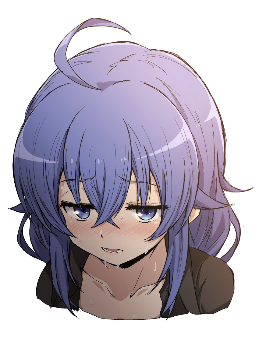 1girl absurdres ahoge blue_eyes blue_hair blush commentary_request crossed_bangs hair_between_eyes highres long_hair looking_at_viewer mushoku_tensei nijizuki_shino nose_blush open_mouth partial_commentary roxy_migurdia saliva solo sweat