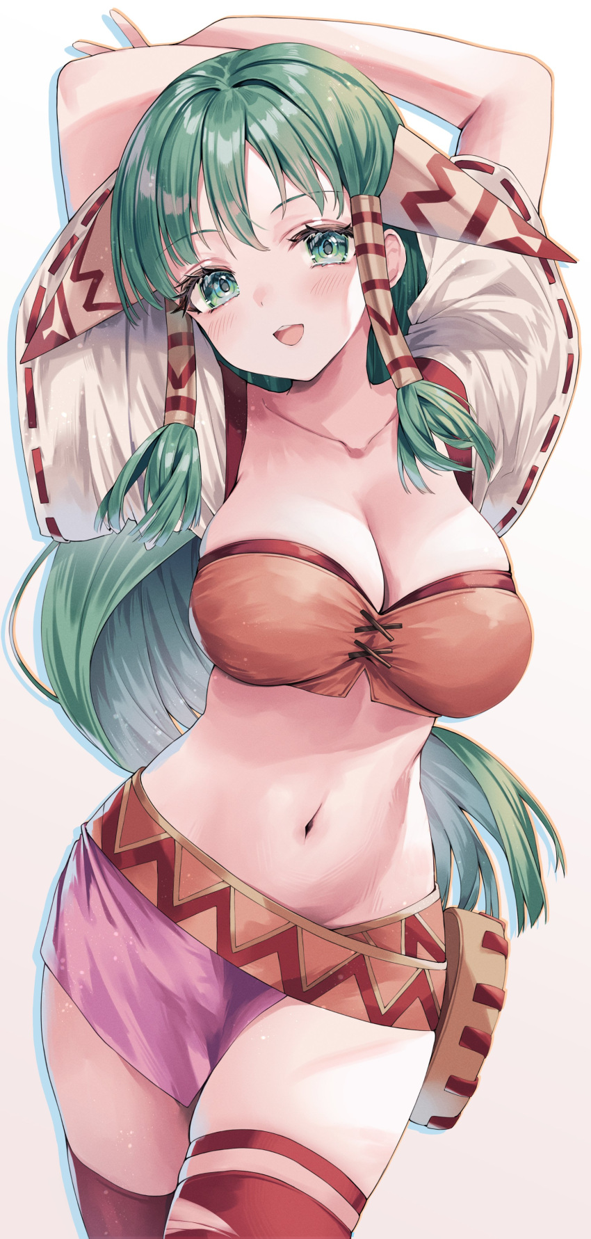 1girl absurdres breasts cleavage feena_(grandia) full_body grandia grandia_i green_eyes green_hair hair_ornament hair_tubes highres hime_gyo jewelry large_breasts long_hair looking_at_viewer low-tied_long_hair midriff navel open_mouth simple_background skirt smile solo thighhighs white_background wide_sleeves