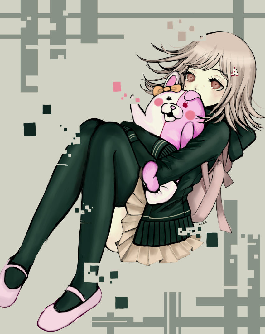 1girl artist_name azureao backpack bag blush bow brown_eyes brown_skirt danganronpa_(series) danganronpa_2:_goodbye_despair ear_bow eyelashes flipped_hair glitch green_jacket green_thighhighs hair_ornament highres holding hug jacket knees_up long_sleeves medium_hair monomi_(danganronpa) nanami_chiaki orange_bow pink_bag pink_footwear pleated_skirt shoes short_hair skirt solo spaceship_hair_ornament thighhighs