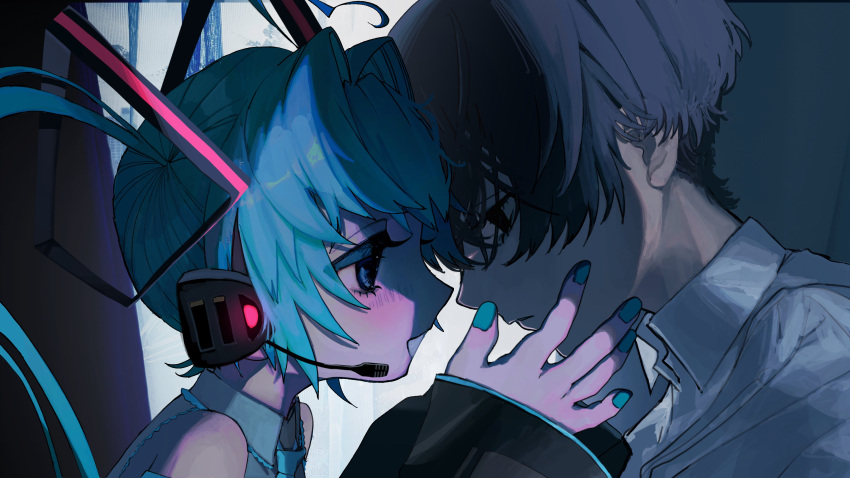 1boy 1girl absurdres black_eyes black_hair blue_eyes blue_hair blue_nails blush closed_mouth collared_shirt commentary_request detached_sleeves empty_eyes face-to-face from_side grey_shirt hair_intakes hair_ornament half-closed_eyes hand_on_another's_face hatsune_miku headset highres long_hair looking_at_another looking_down necktie numata_zombie open_mouth portrait profile shirt sleeveless sleeveless_shirt smile twintails vocaloid white_shirt