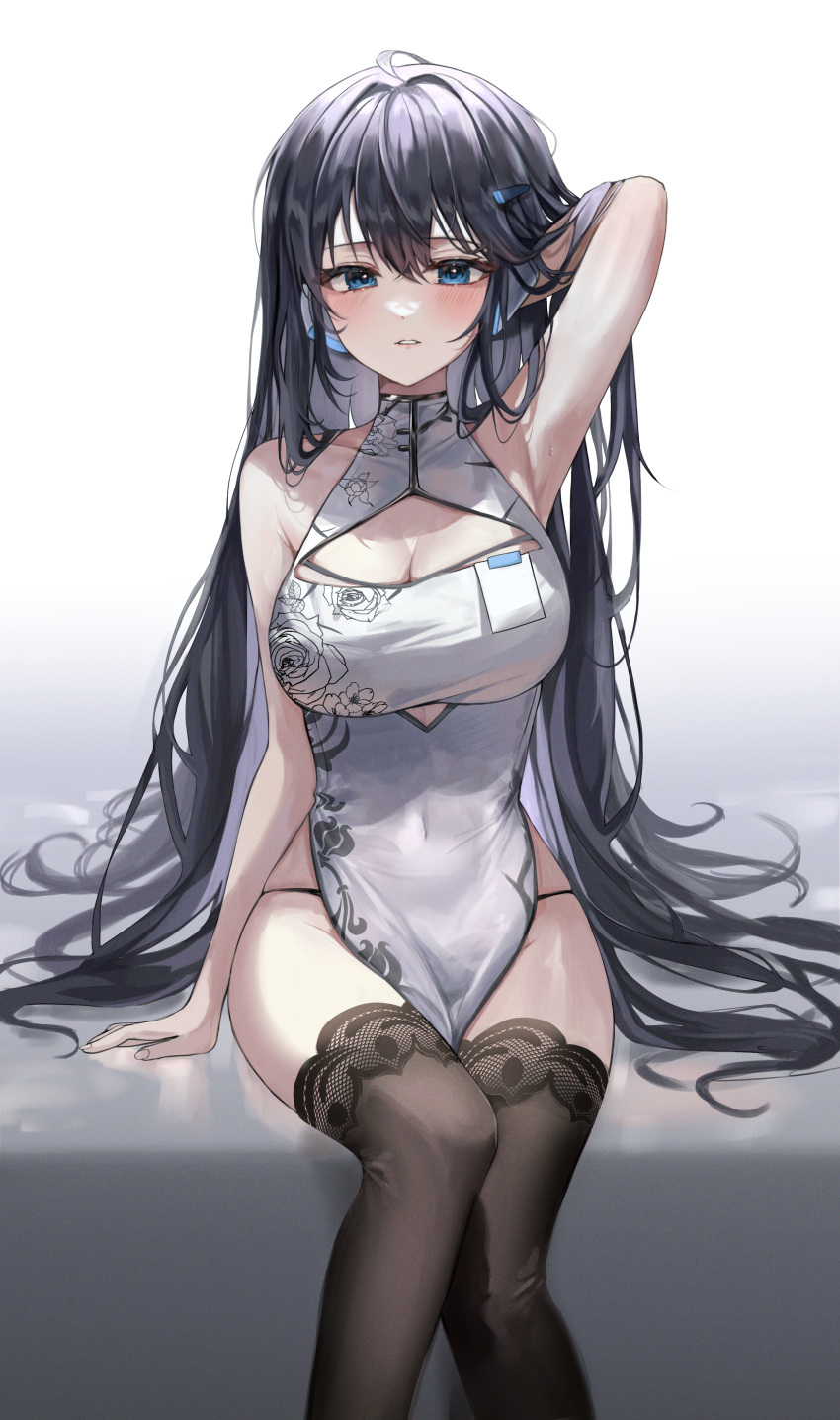 1girl absurdres arm_behind_head arm_up armpits bare_arms bare_shoulders black_hair black_panties black_thighhighs blue_eyes breasts chabi china_dress chinese_clothes cleavage cleavage_cutout clothing_cutout covered_navel dress floral_print hair_ornament hairclip highres large_breasts long_hair looking_at_viewer mechanical_ears original panties panty_straps parted_lips pelvic_curtain print_dress simple_background sitting skindentation sleeveless sleeveless_dress solo thighhighs thighs underboob_cutout underwear very_long_hair white_background white_dress