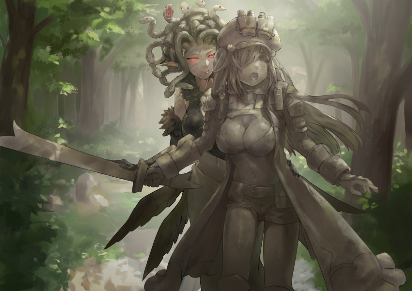 bra breasts cleavage dress forest highres large_breasts long_hair nature night_vision non-web_source open_mouth petrification scared snake_hair statue sword thighs twintails underwear weapon